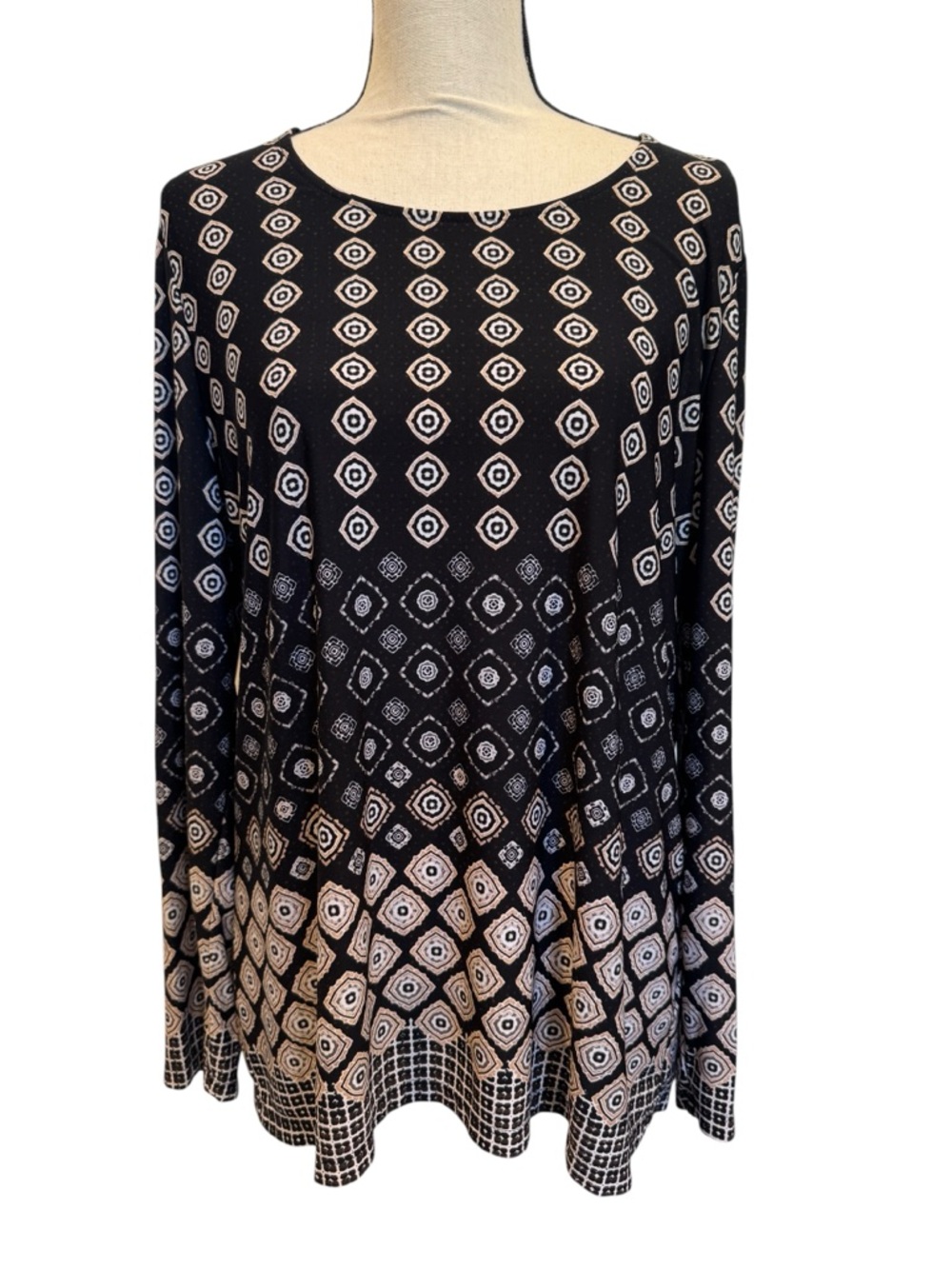 Chico's Black White Tan Geometric Long-Sleeve Women's Top Large